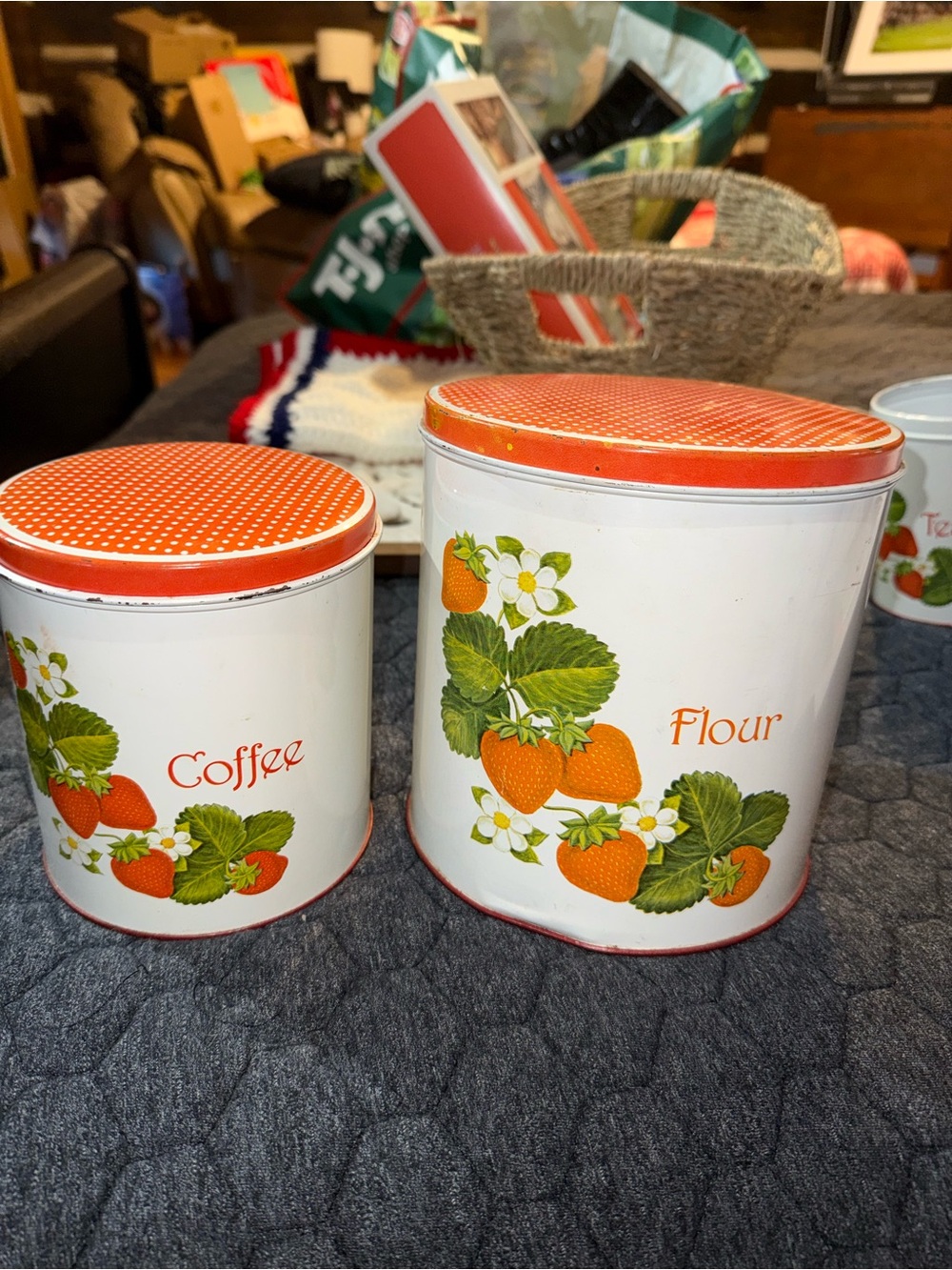 Vintage 1970s Cheinco Strawberry Metal Canister Set Coffee & Flour Lids 2pc